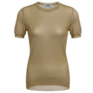 PRADA GOLD METALLIC SHORT SLEEVED WOVEN SHEER KNIT SWEATER